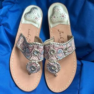 Jack Rogers Pink Paisley Metallic-Accent Leather Thong Sandals